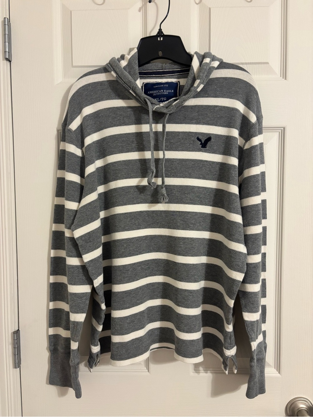 American Eagle Outfitters Gray and White Striped Hooded Pullover